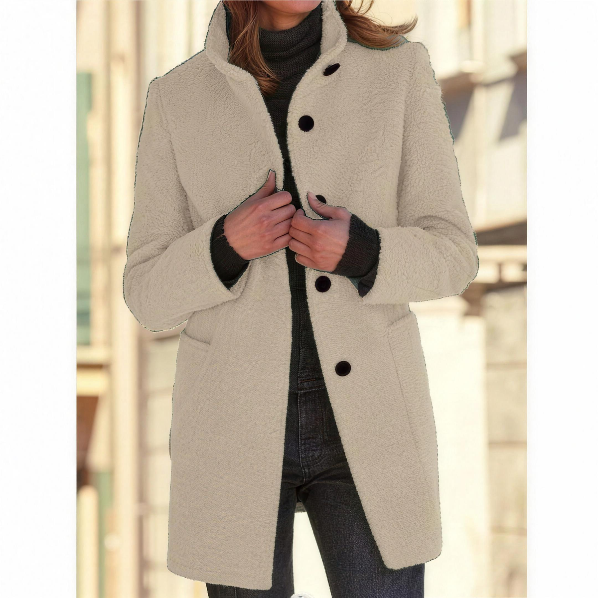 IMELDA Stand collar button front coat in Apricot