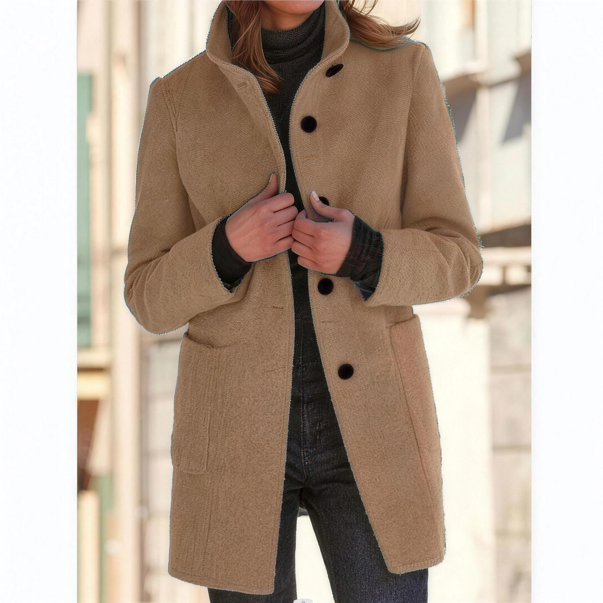 IMELDA Stand collar button front coat in Camel