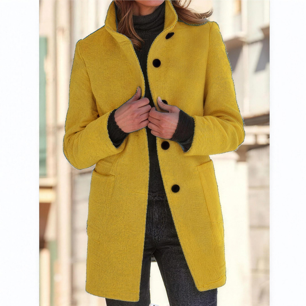 IMELDA Stand collar button front coat in Yellow