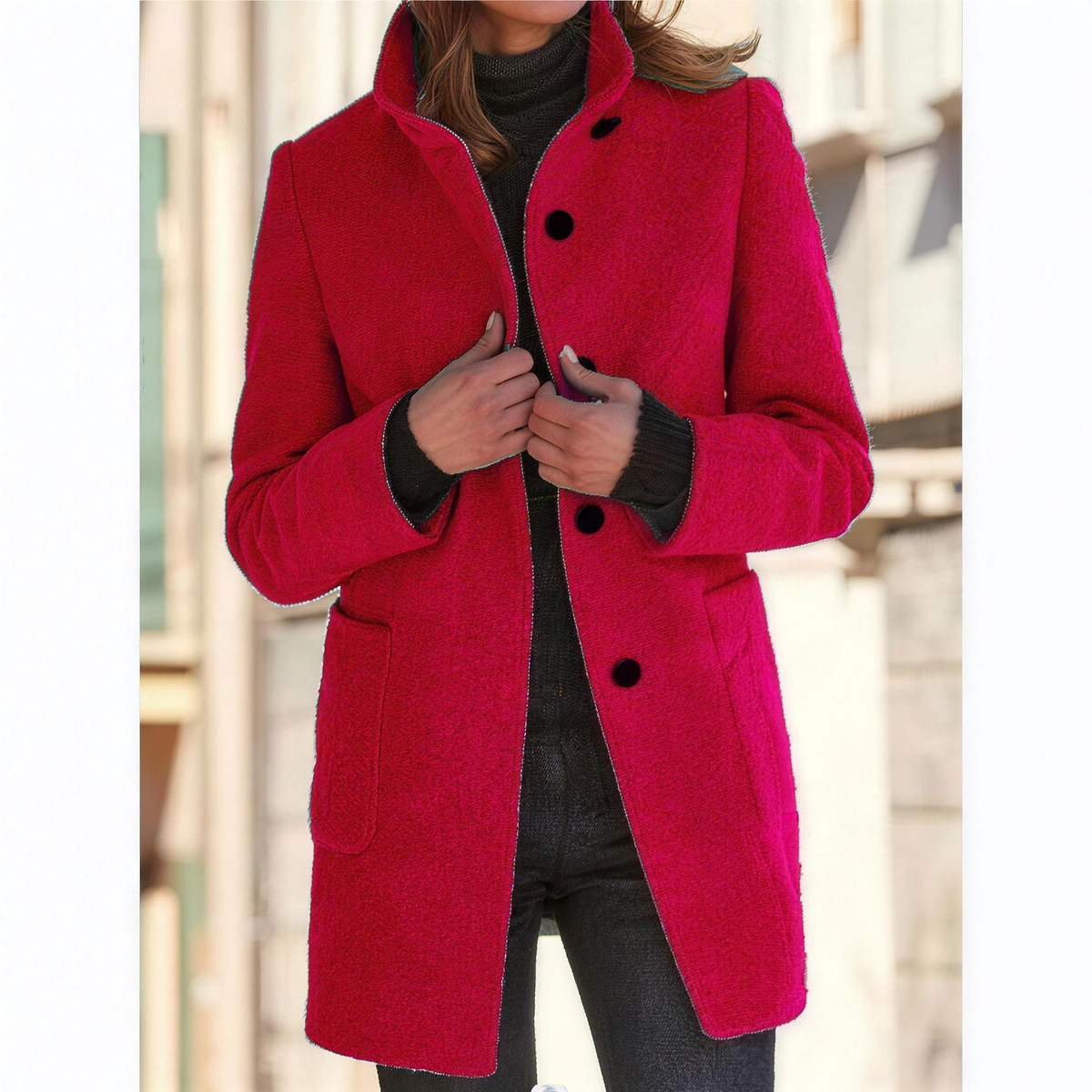 IMELDA Stand collar button front coat in Red