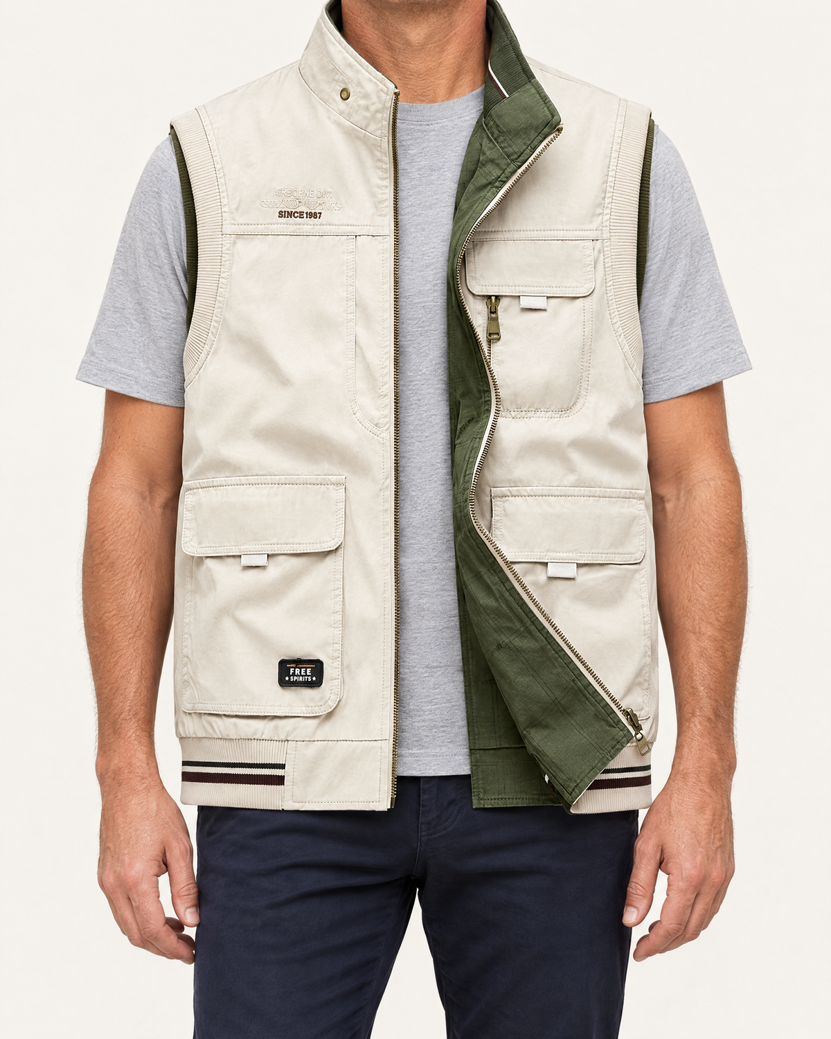 BARRETT two-tone utility vest in Beige/Green worn by a model