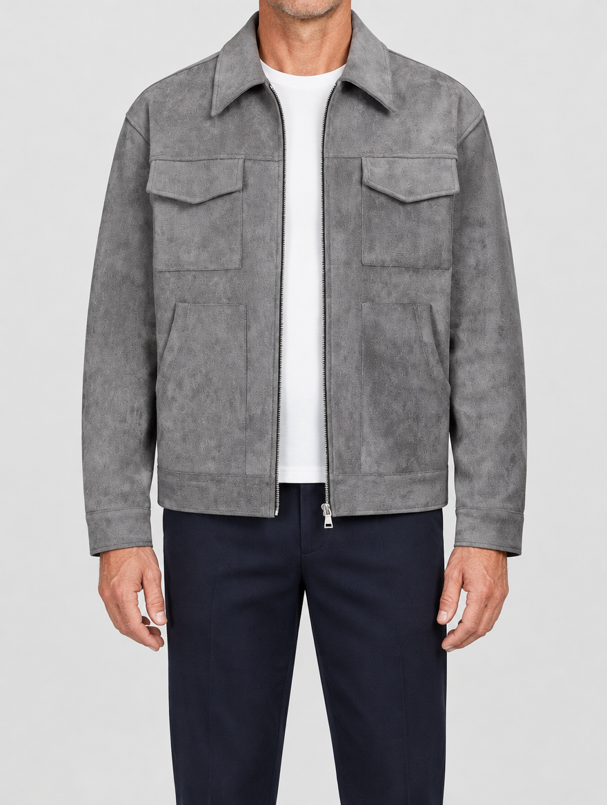 NOLAN oversized jacket in Gray worn open over a white tee