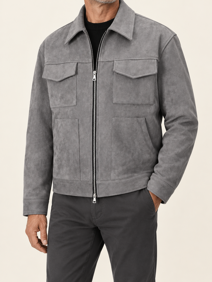 NOLAN oversized jacket in Gray worn half-zipped over a black sweater
