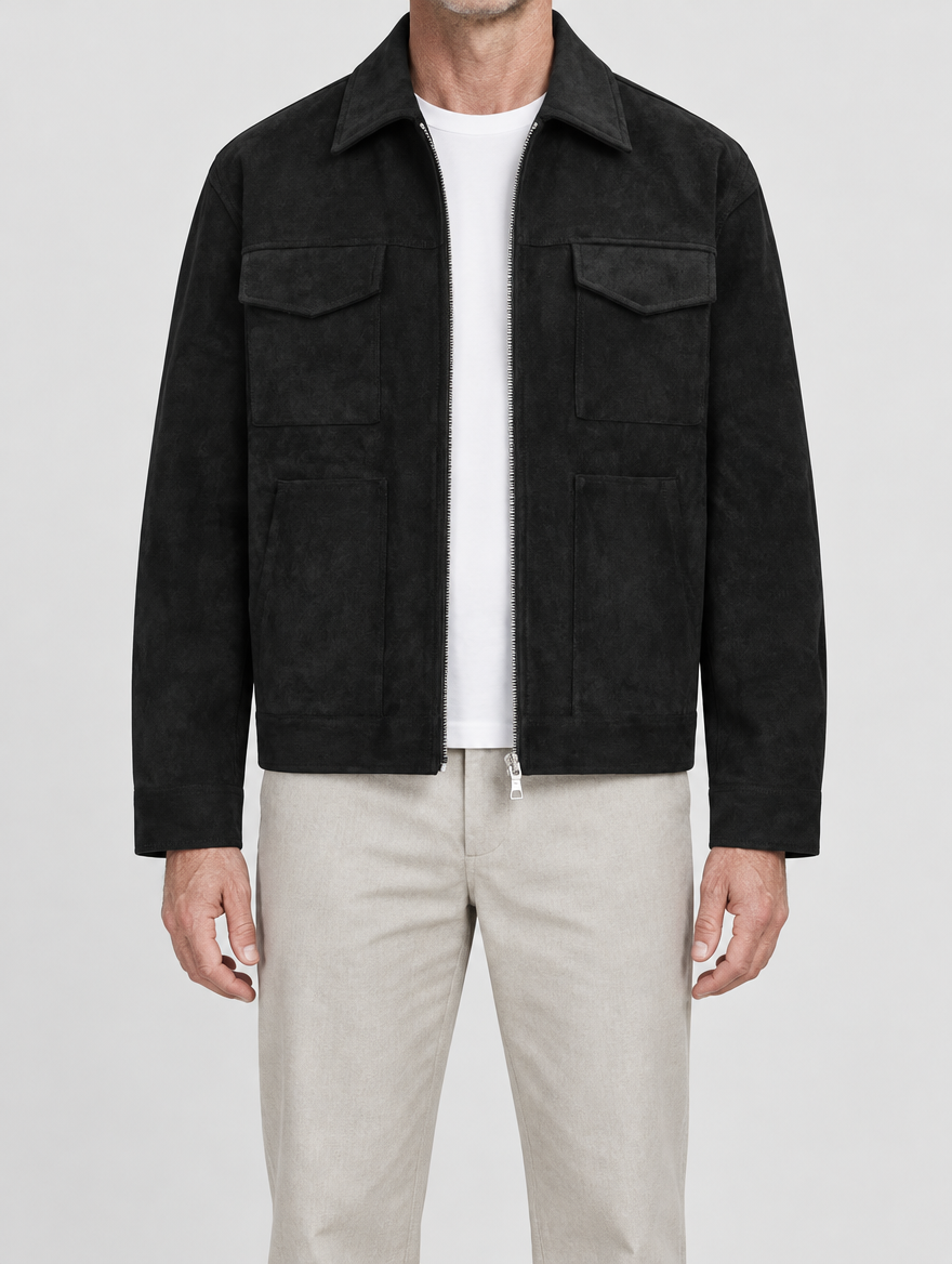 NOLAN oversized jacket in Black worn open over a white tee