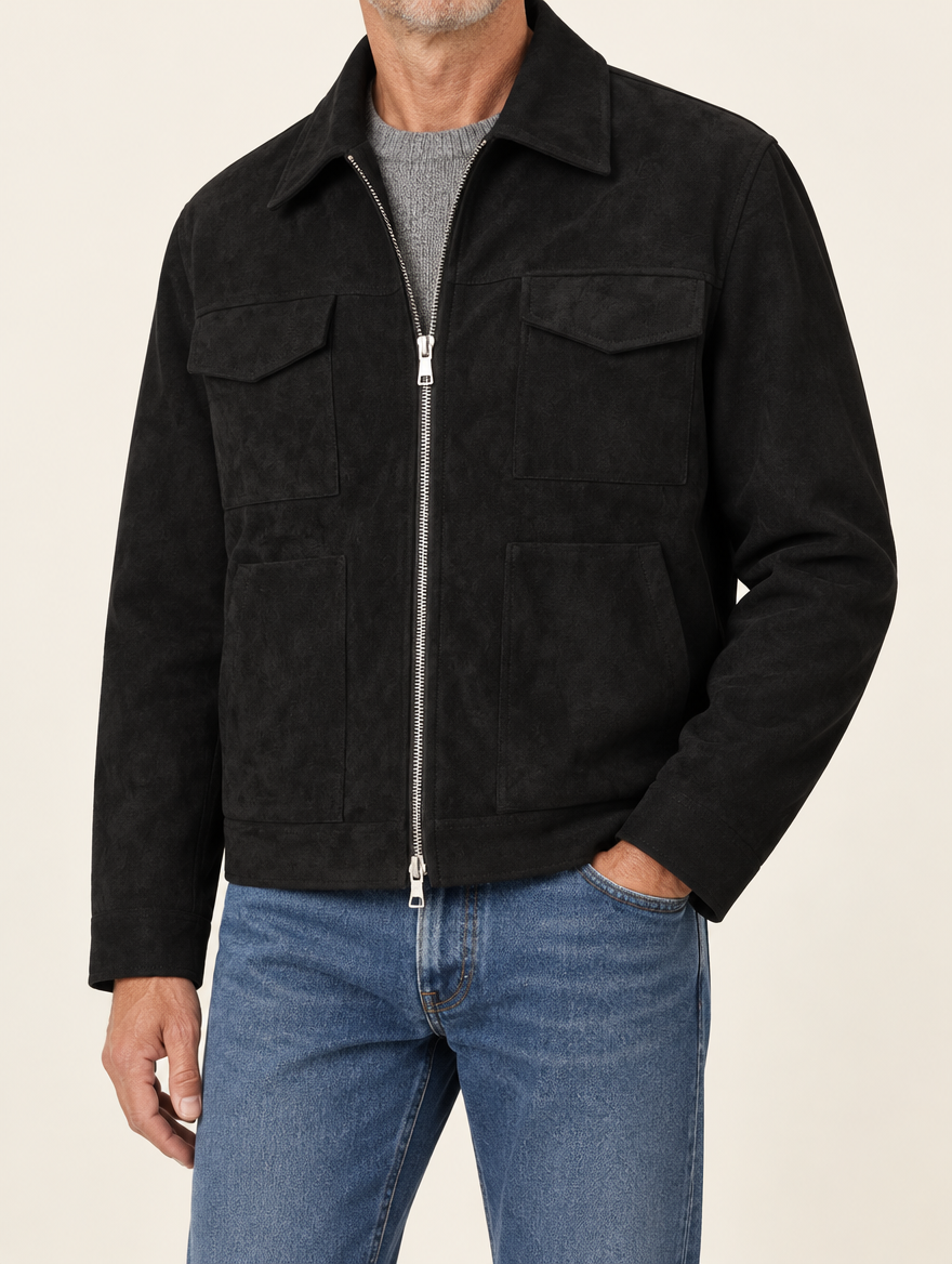 NOLAN oversized jacket in Black worn half-zipped over a gray sweater
