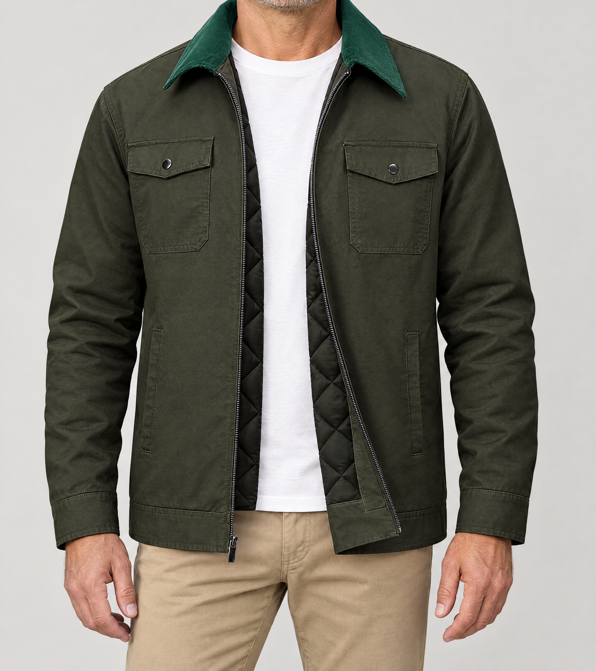 EMMETT zip-up work jacket in Olive, worn
