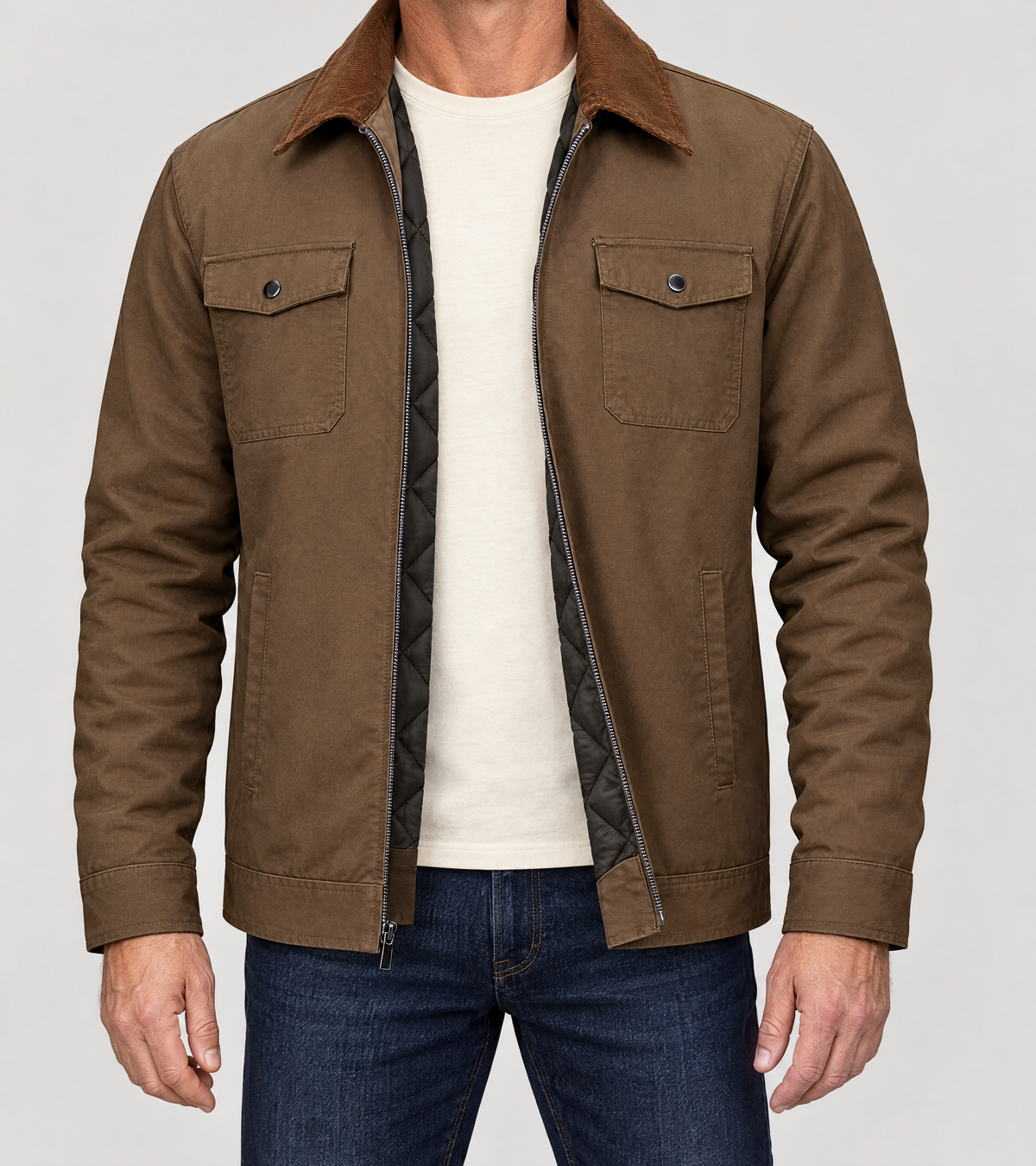EMMETT zip-up work jacket in Brown, worn