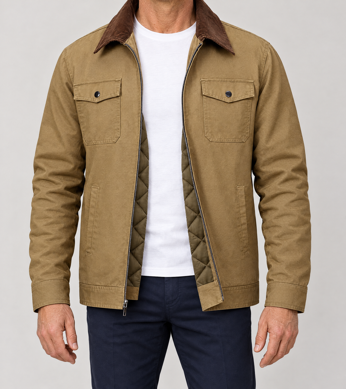 EMMETT zip-up work jacket in Khaki, worn