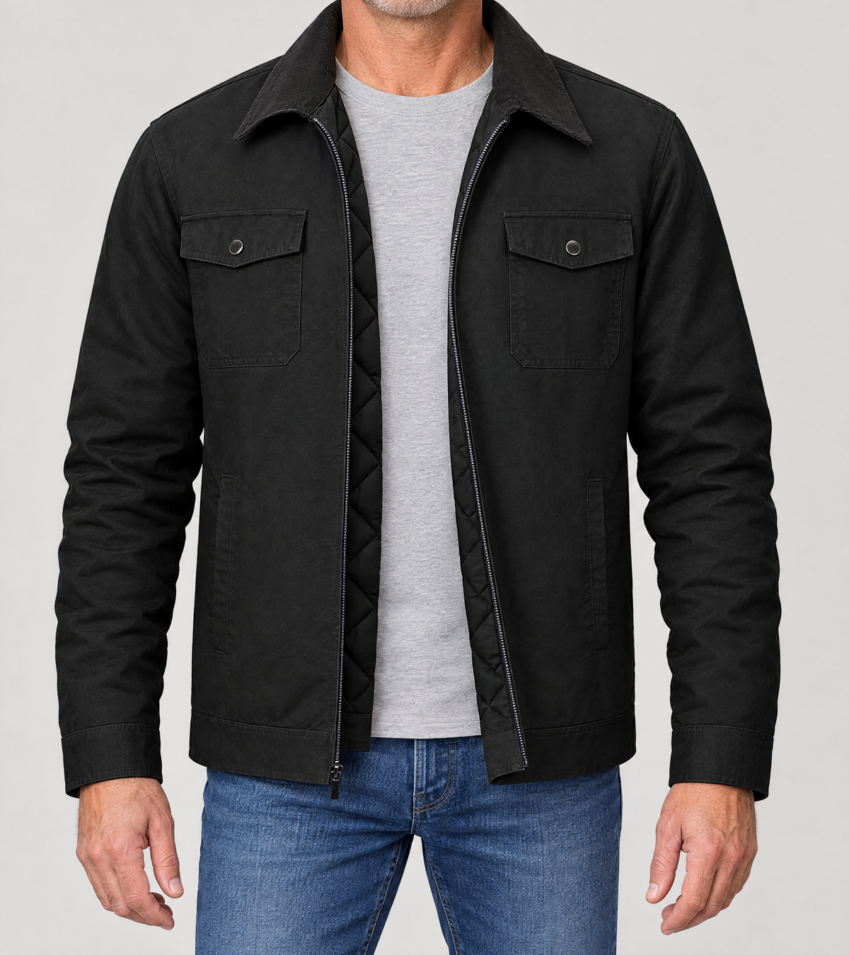 EMMETT zip-up work jacket in Black, worn