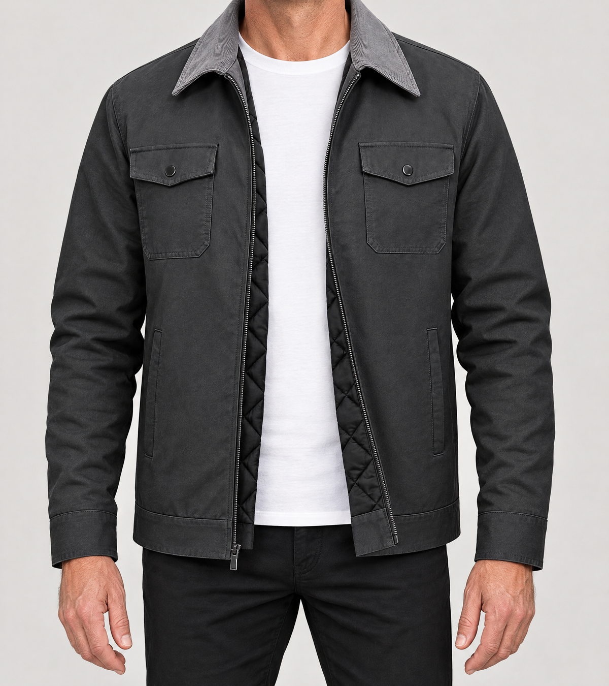 EMMETT zip-up work jacket in Charcoal, worn