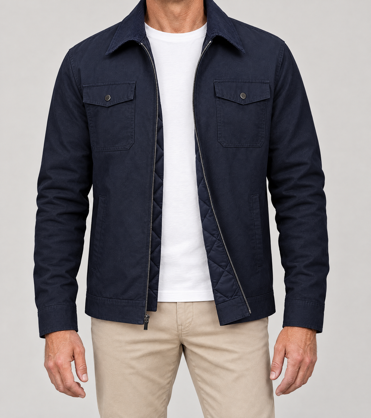 EMMETT zip-up work jacket in Navy, worn