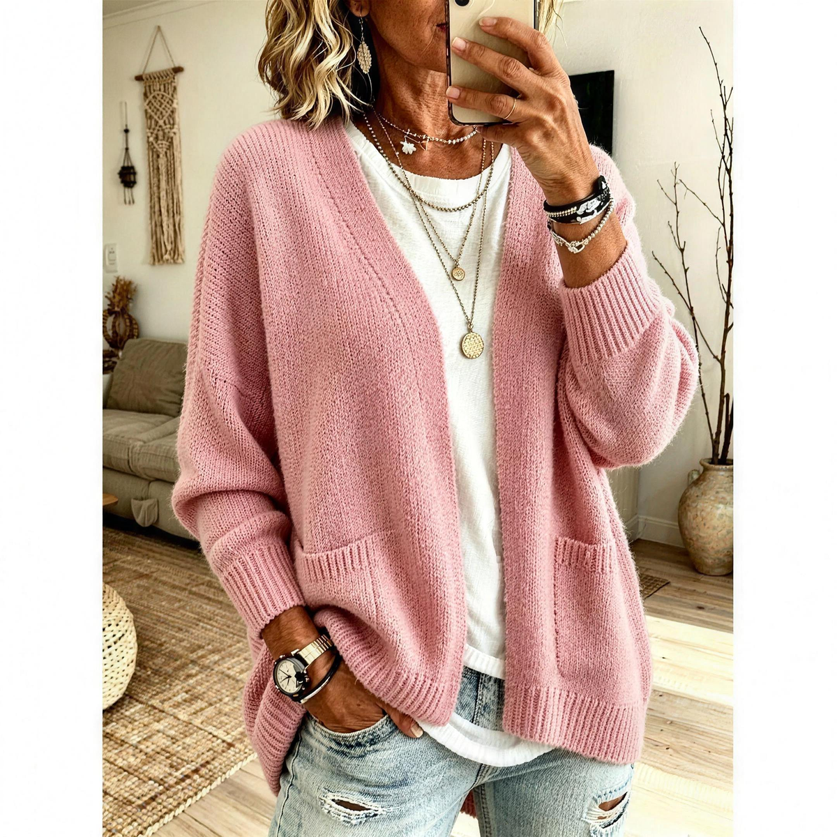 LENORE Relaxed open front cardigan in Pink