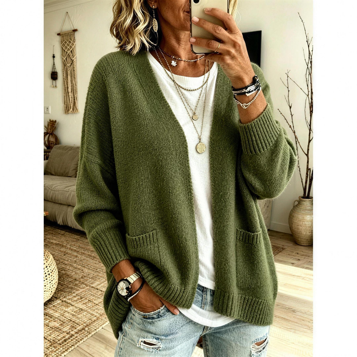 LENORE Relaxed open front cardigan in Olive