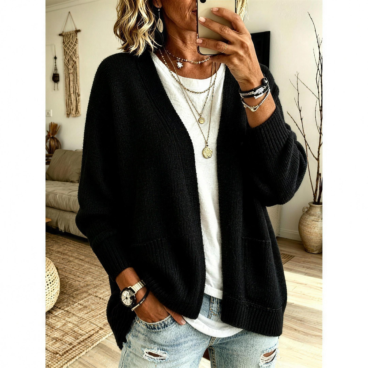 LENORE Relaxed open front cardigan in Black