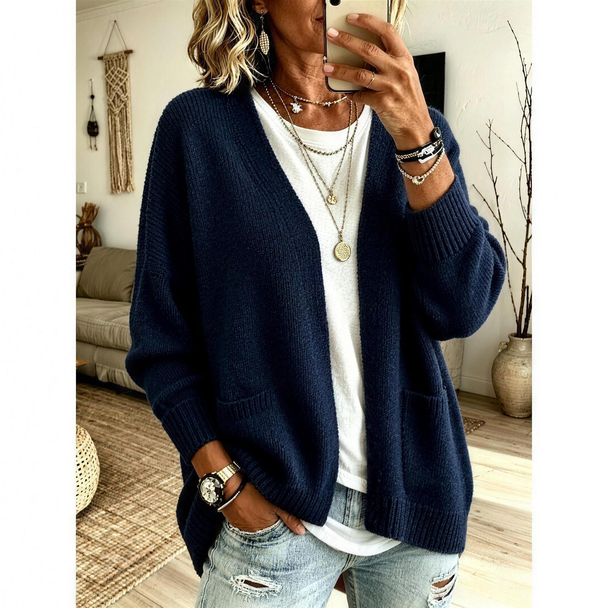 LENORE Relaxed open front cardigan in Navy