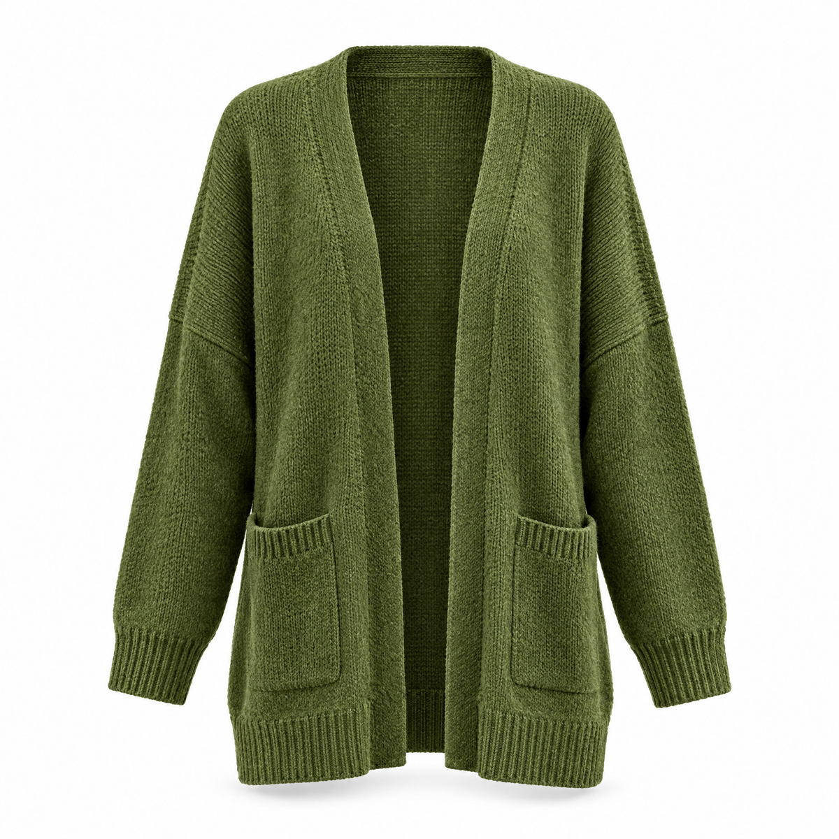 LENORE Relaxed open front cardigan in Olive on white background