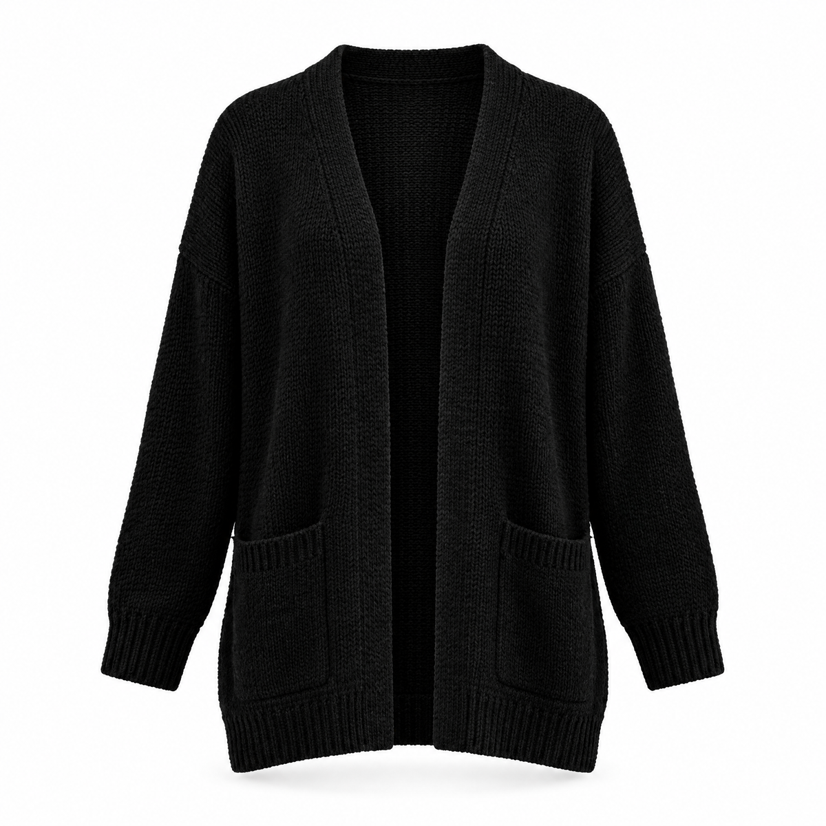 LENORE Relaxed open front cardigan in Black on white background