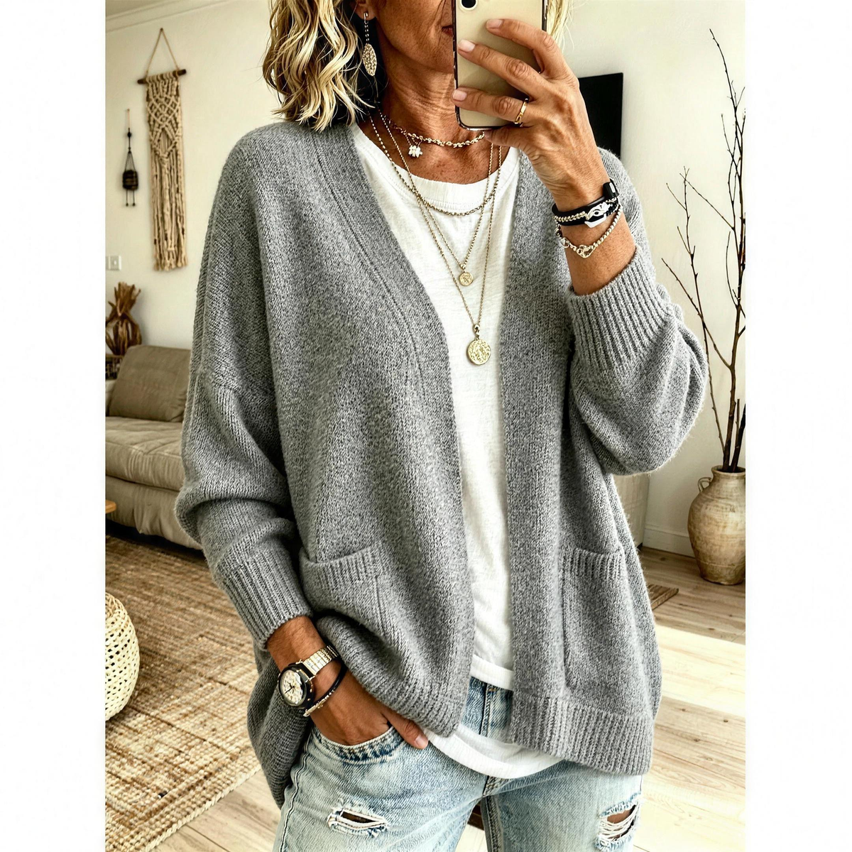 LENORE Relaxed open front cardigan in Gray