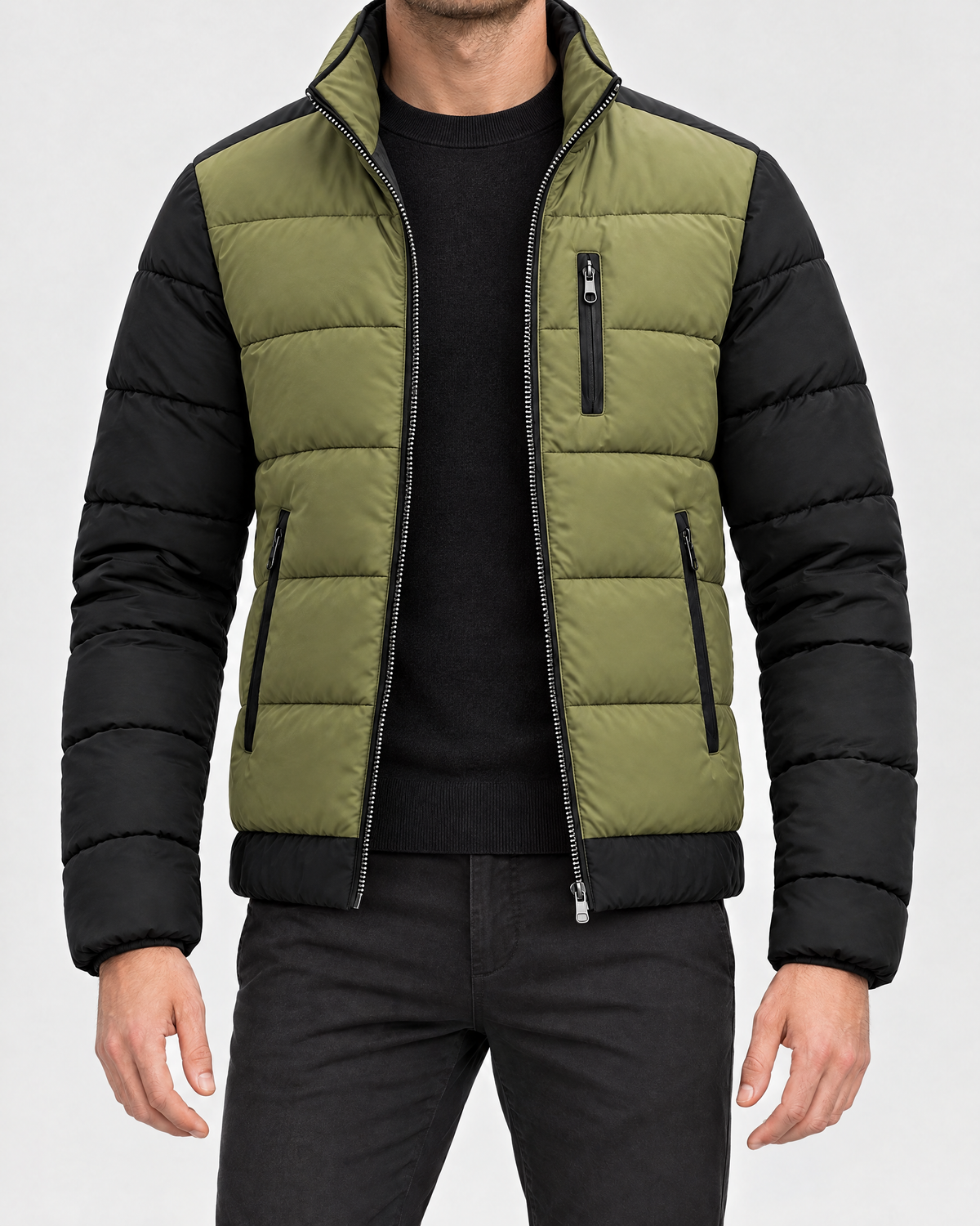 RORY two-tone puffer jacket worn open on a male model