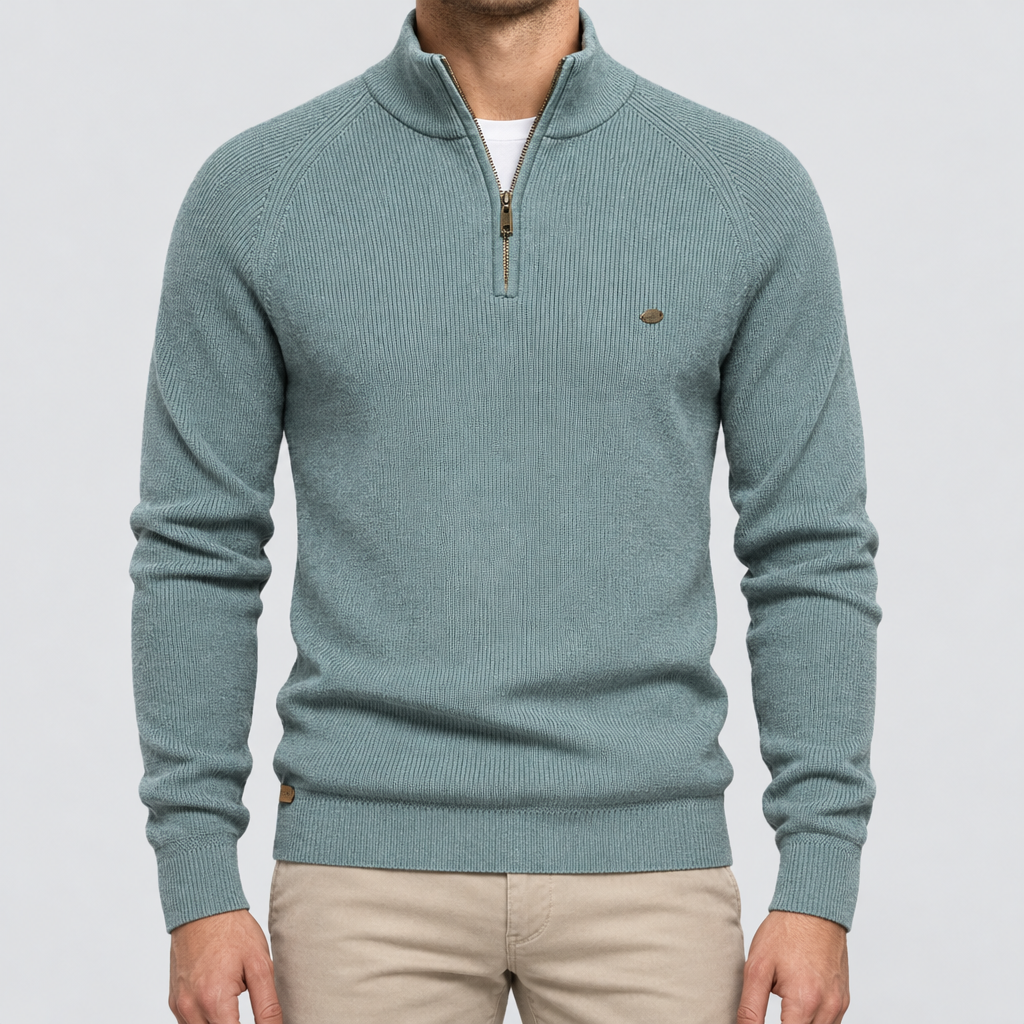 BARNABY ribbed quarter-zip sweater in Sage, worn by model