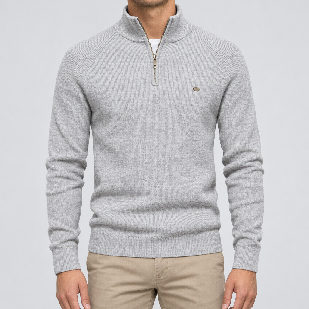 BARNABY ribbed quarter-zip sweater in Light Gray, worn by model