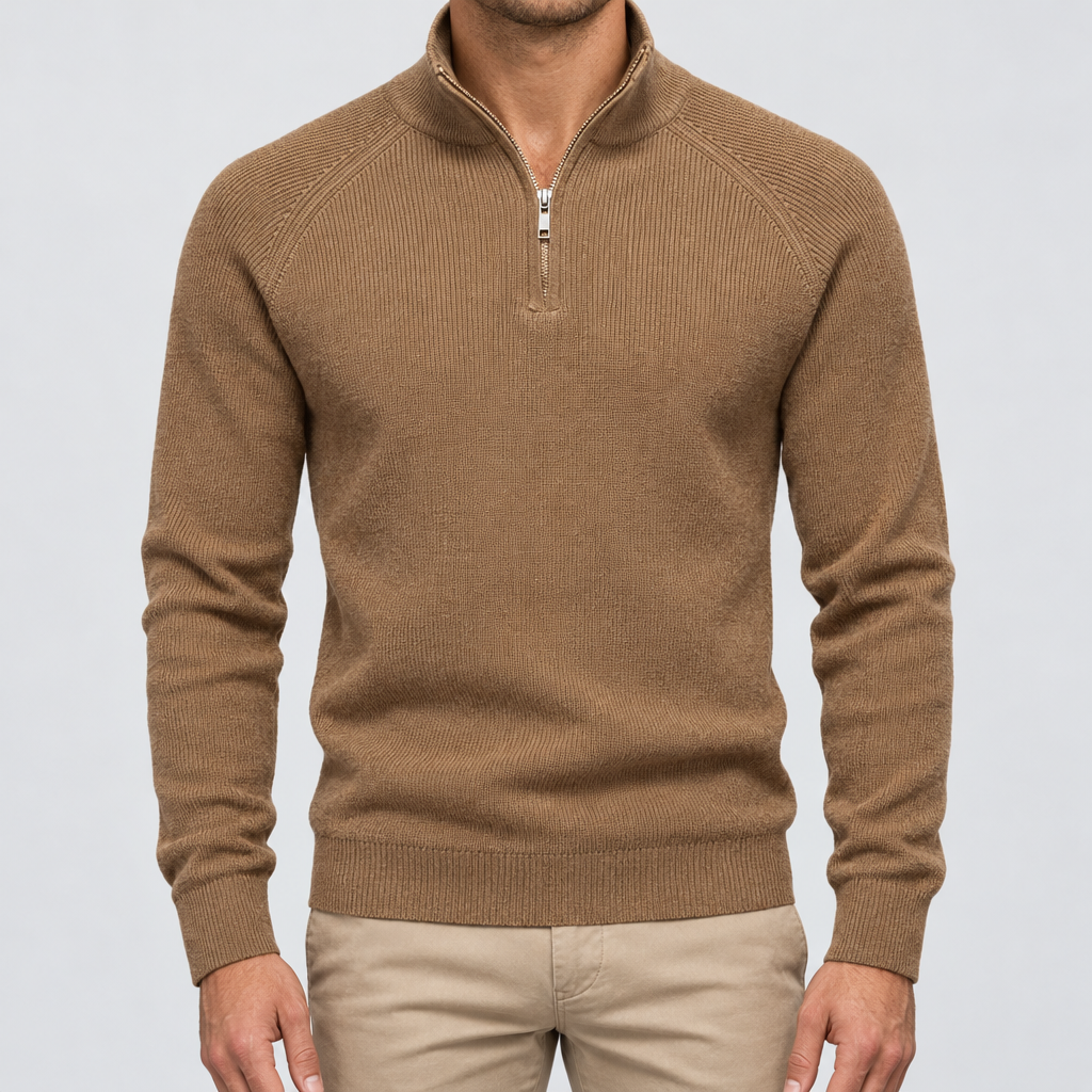 BARNABY ribbed quarter-zip sweater in Camel, worn by model