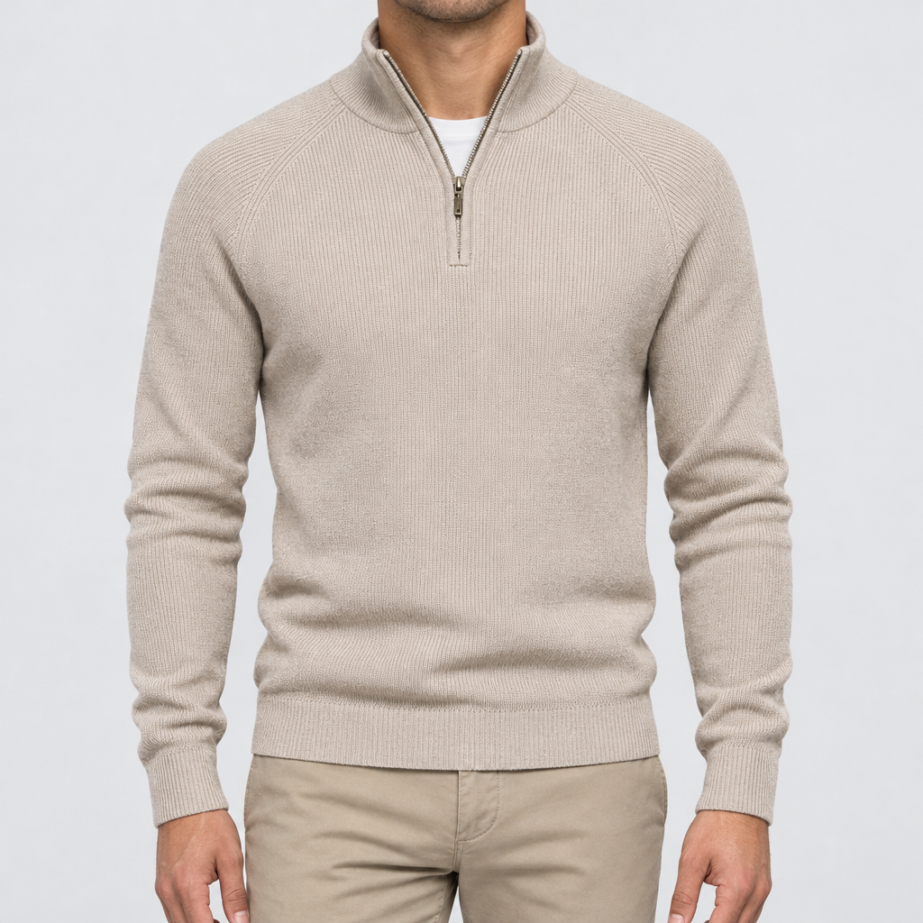 BARNABY ribbed quarter-zip sweater in Beige, worn by model