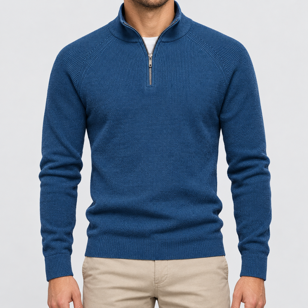 BARNABY ribbed quarter-zip sweater in Blue, worn by model