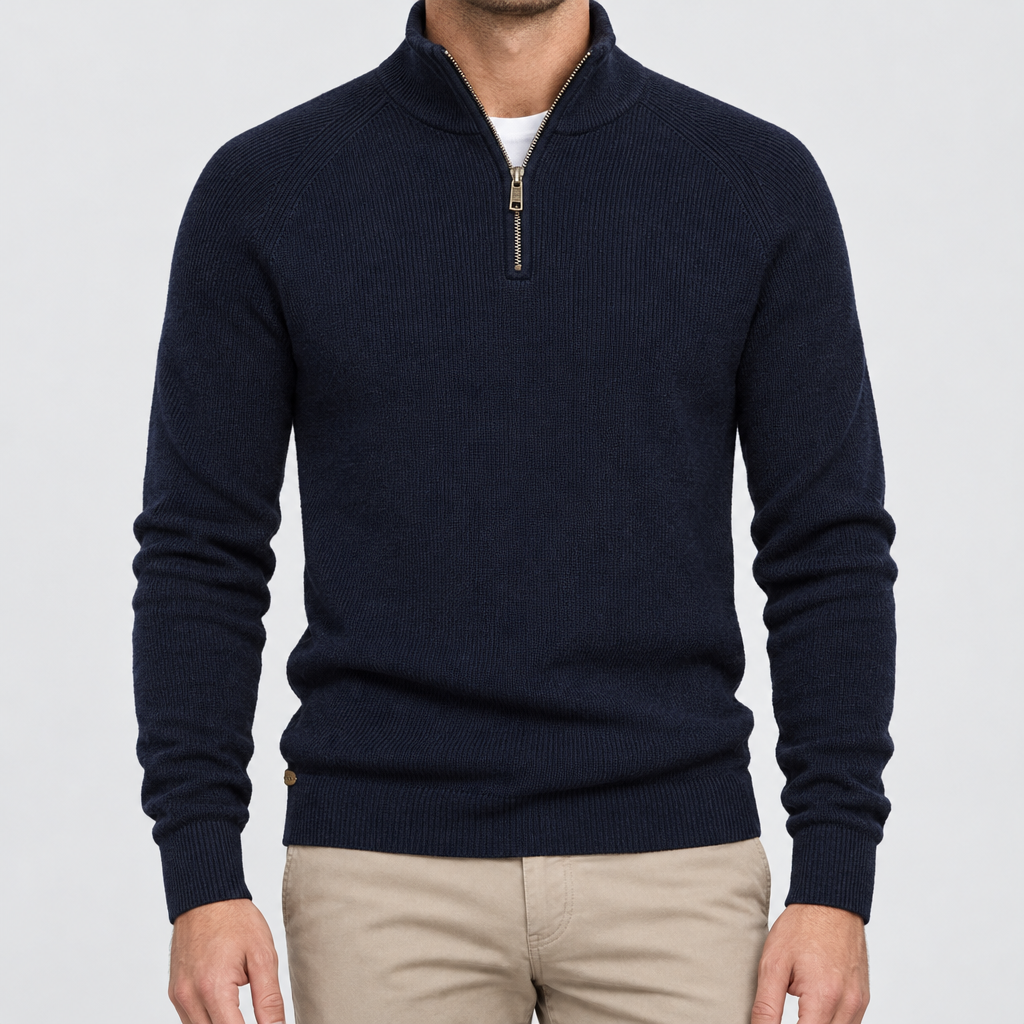 BARNABY ribbed quarter-zip sweater in Navy, worn by model