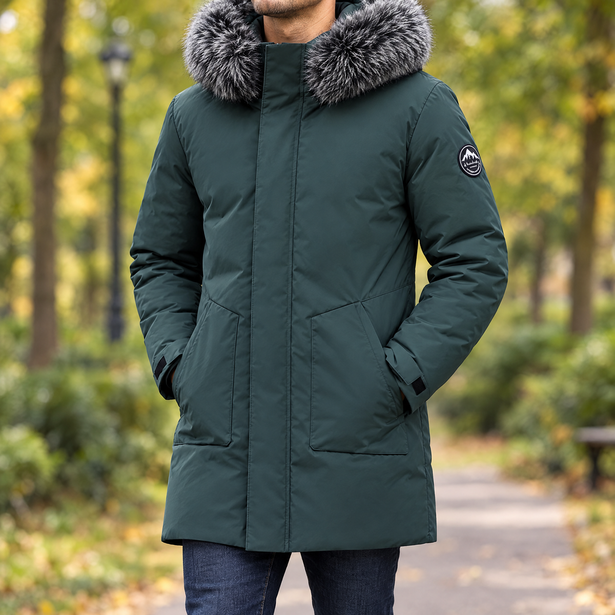 Man wearing the green KIERAN windproof winter jacket in a park