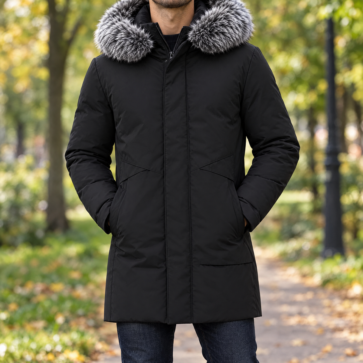 Man wearing the black KIERAN windproof winter jacket in a park