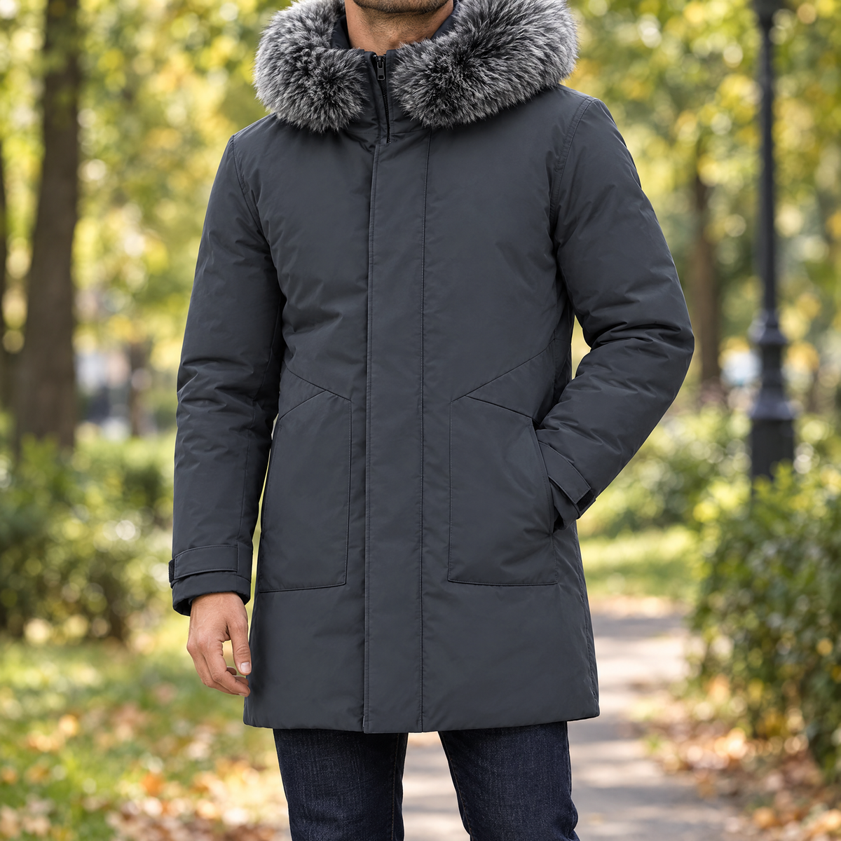 Man wearing the gray KIERAN windproof winter jacket in a park