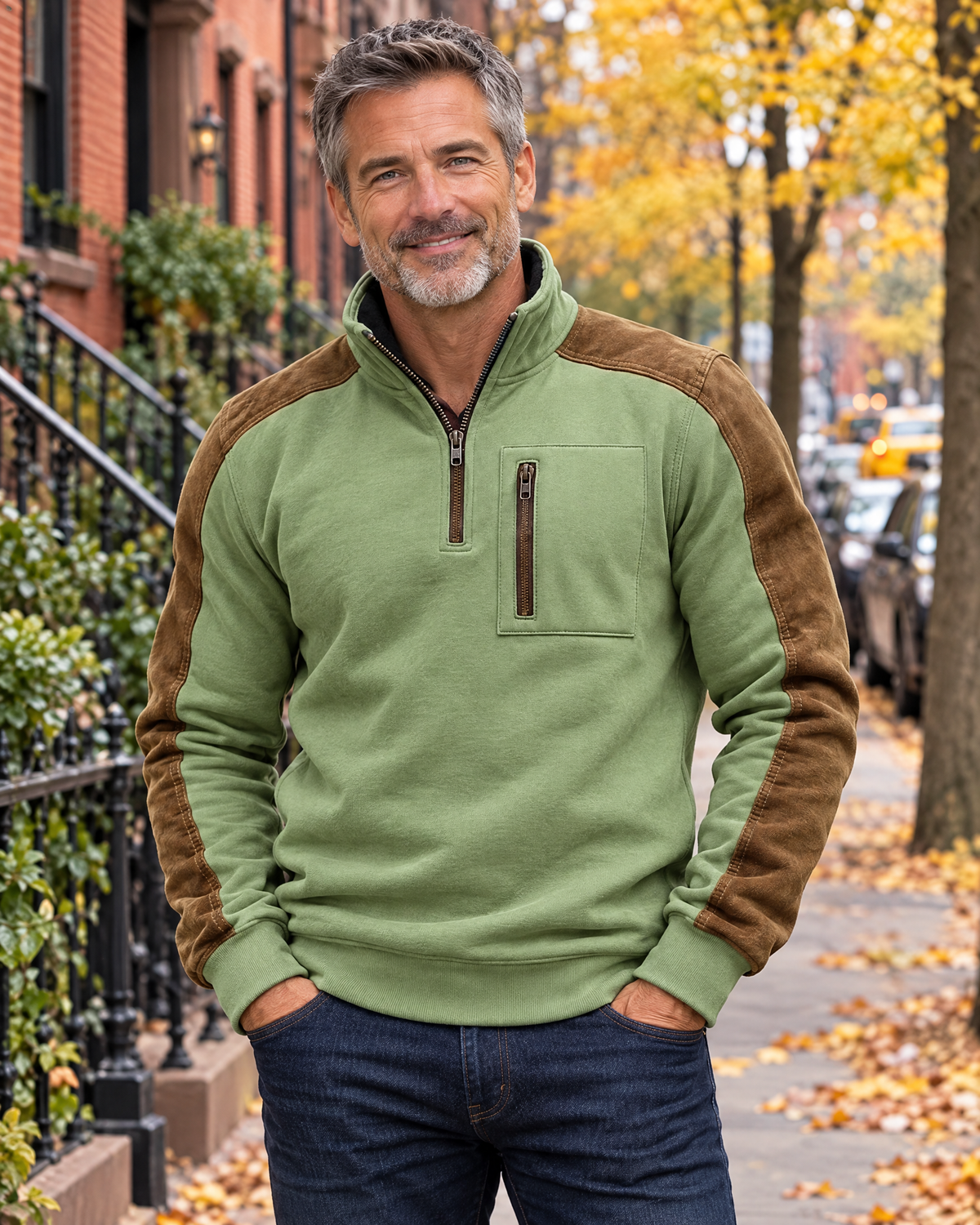 PERCY patchwork pullover with a stand collar worn by a man on an autumn city street