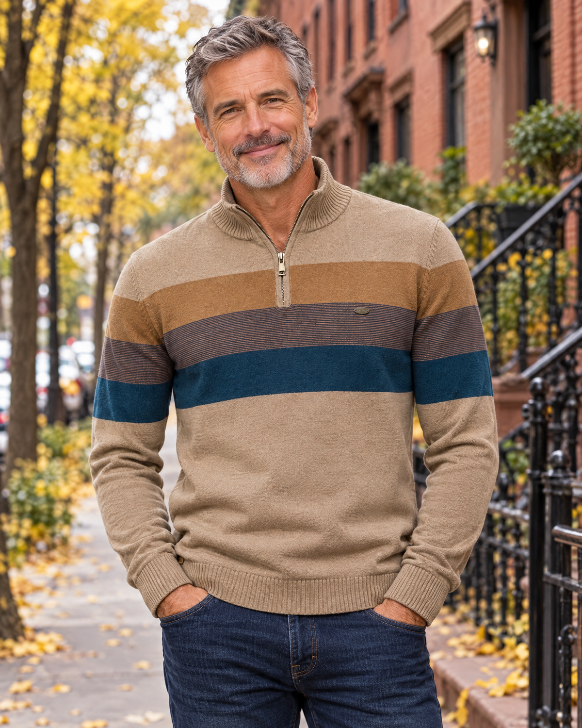 Man wearing the SHELDON zip mock neck sweater in Khaki