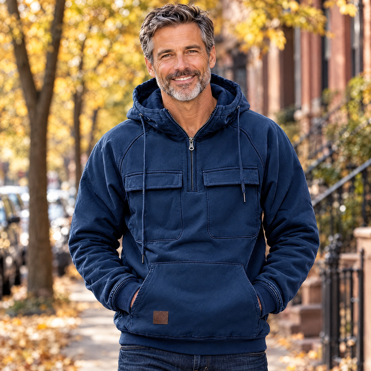 Man wearing the BRODY pullover hoodie in Navy