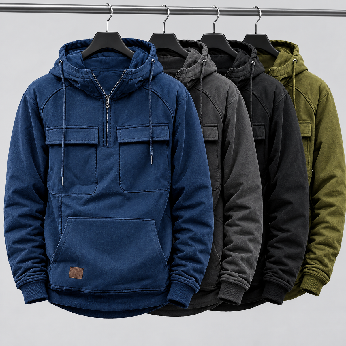 BRODY pullover hoodie on hangers in Navy, Charcoal, Black and Olive