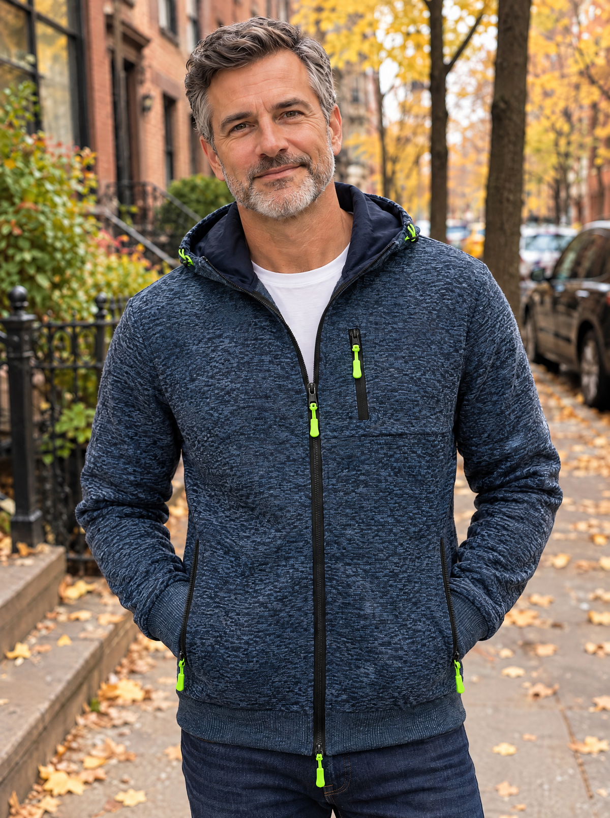 Man wearing the FINBAR full-zip hooded knit jacket in Navy