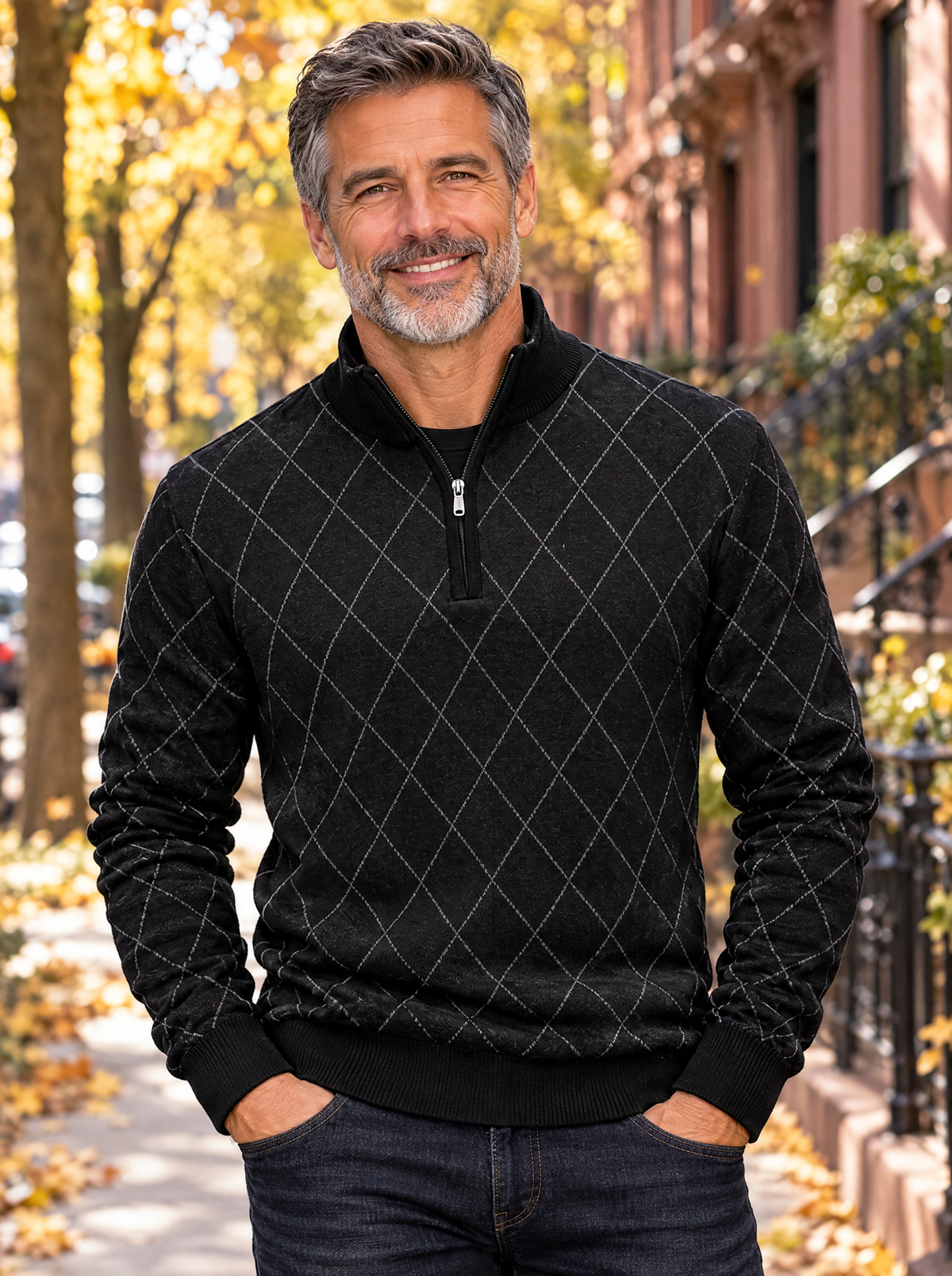 Man wearing the Leroy half-zip sweater