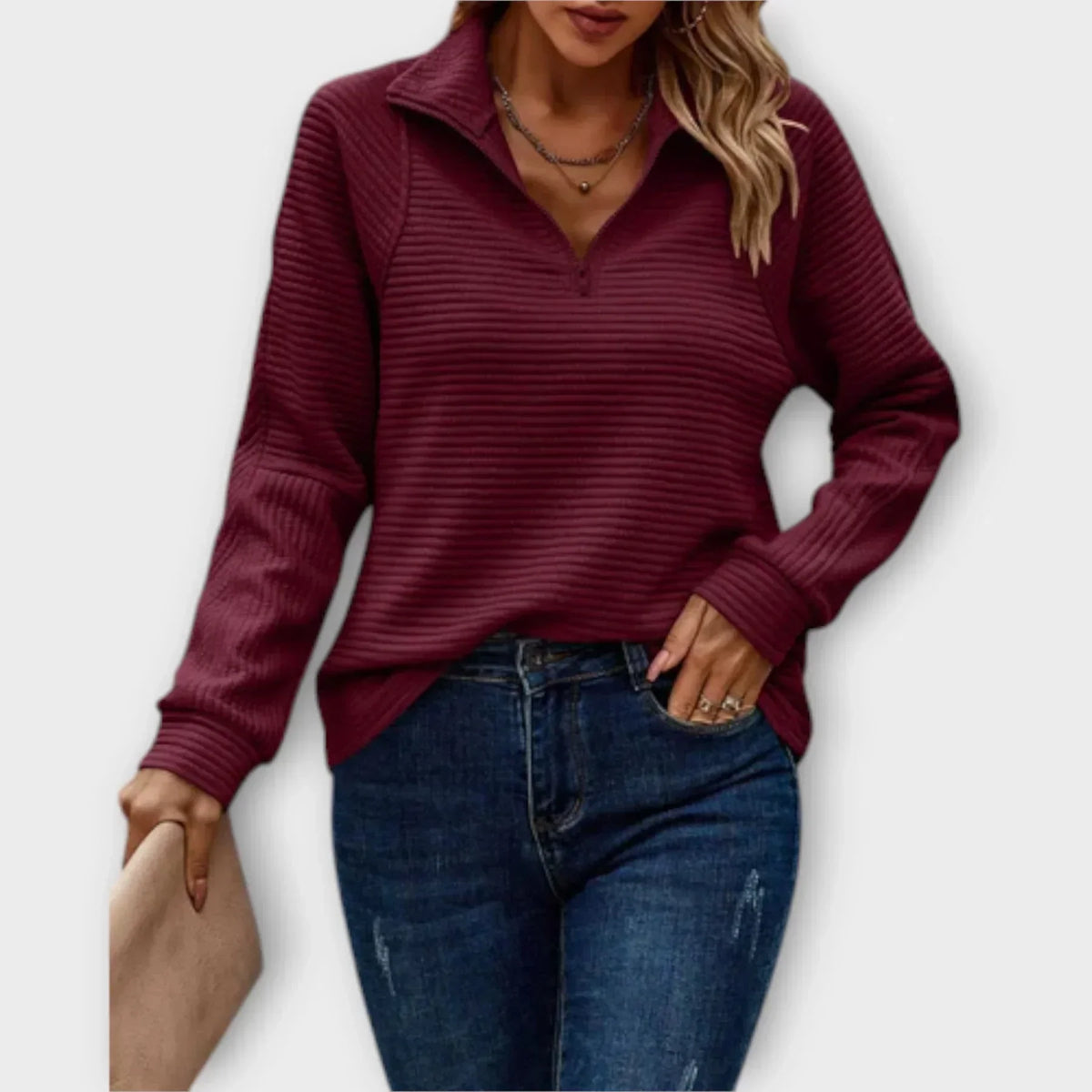 NORA | Half zip that opens to a V