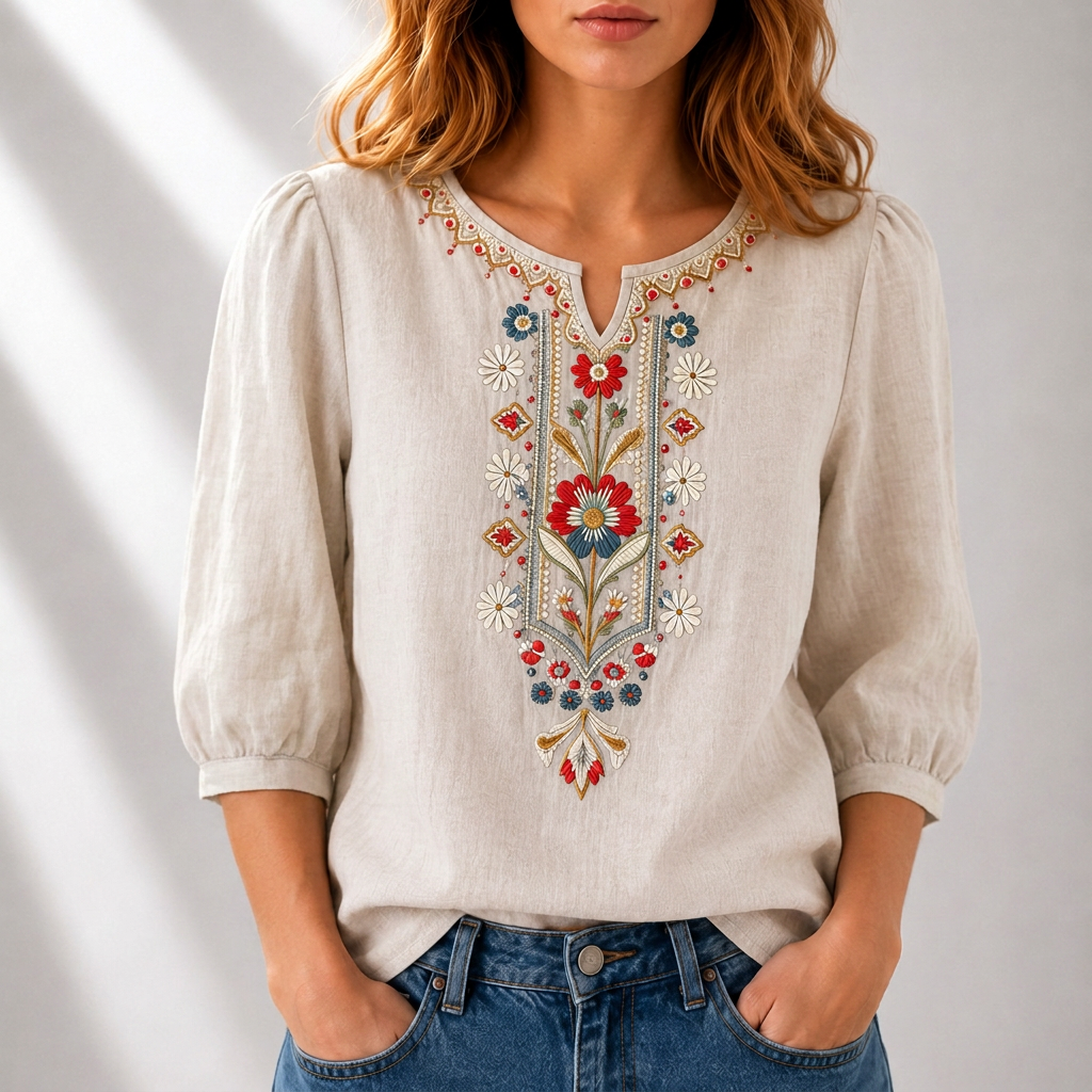 ROSALIE | Embroidered notched neckline blouse