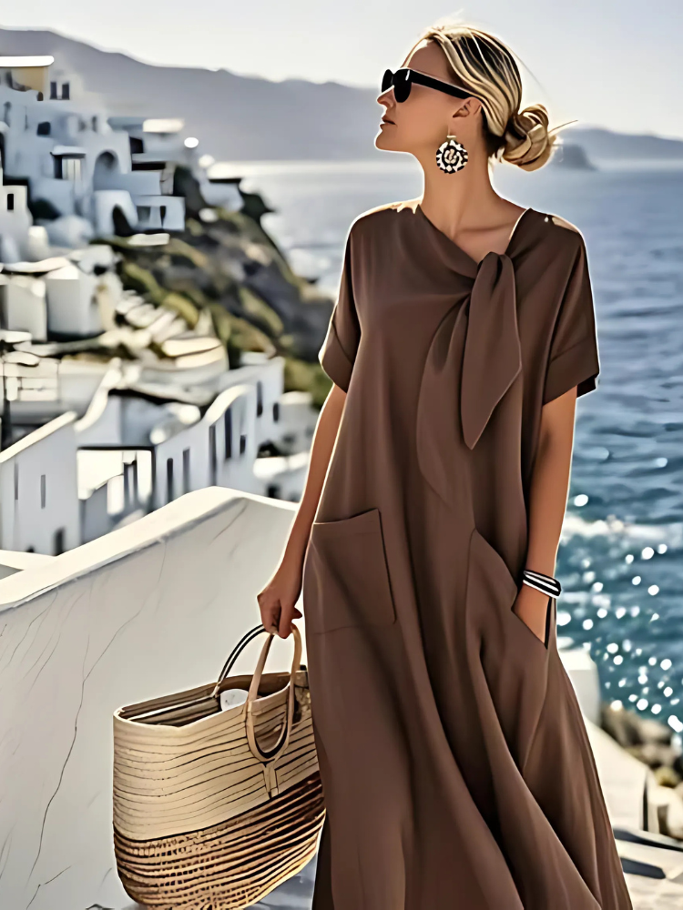 BARBARA | Casual dress with pockets and a bow neckline