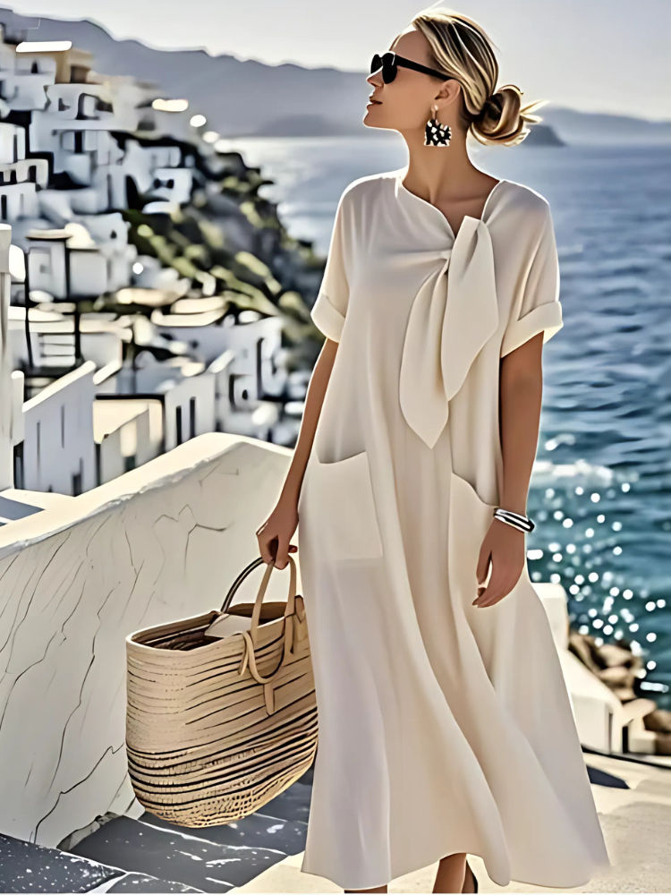 BARBARA | Casual dress with pockets and a bow neckline