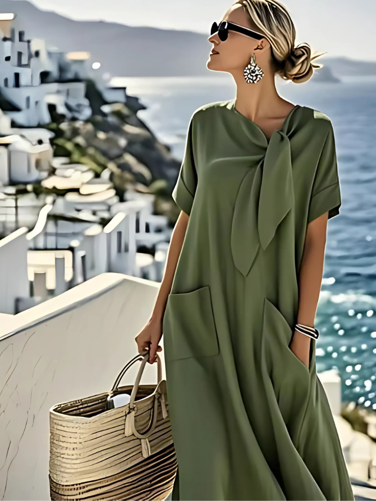 BARBARA | Casual dress with pockets and a bow neckline
